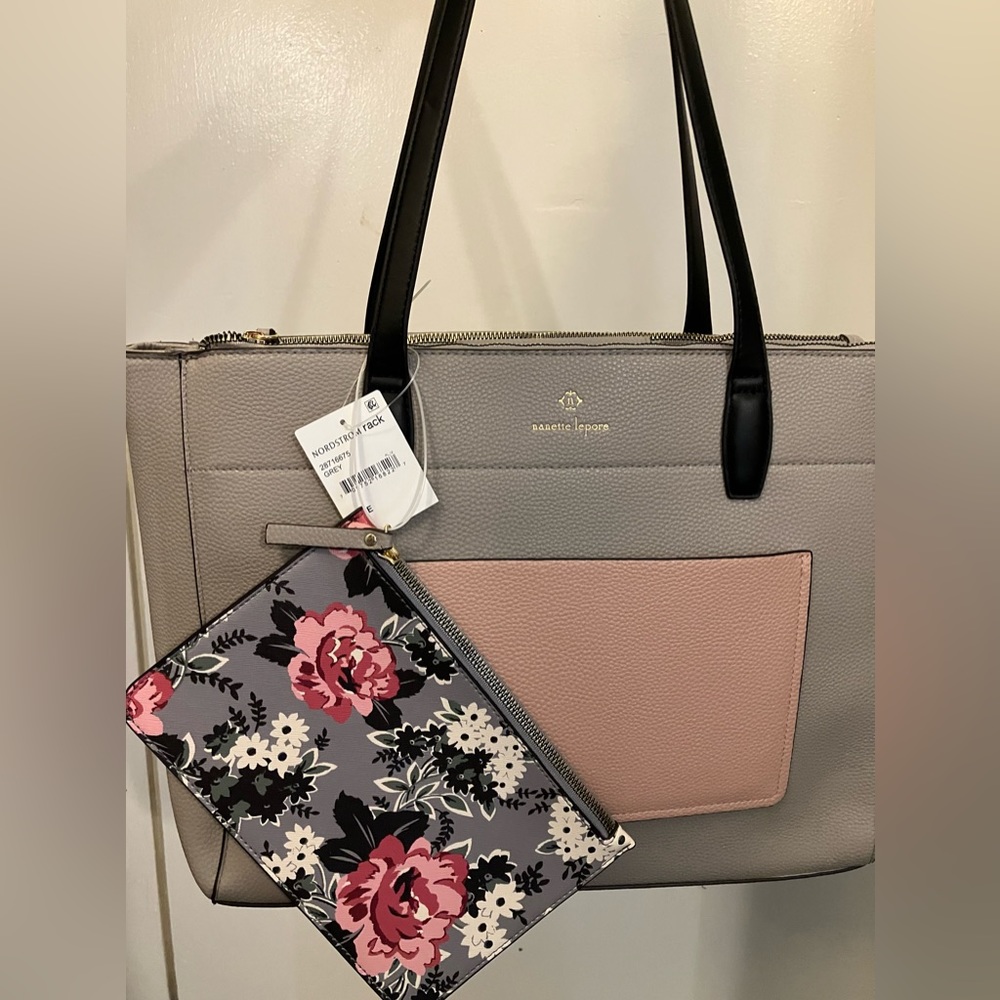Nanette Lepore Grey multipocket tote with floral pouch